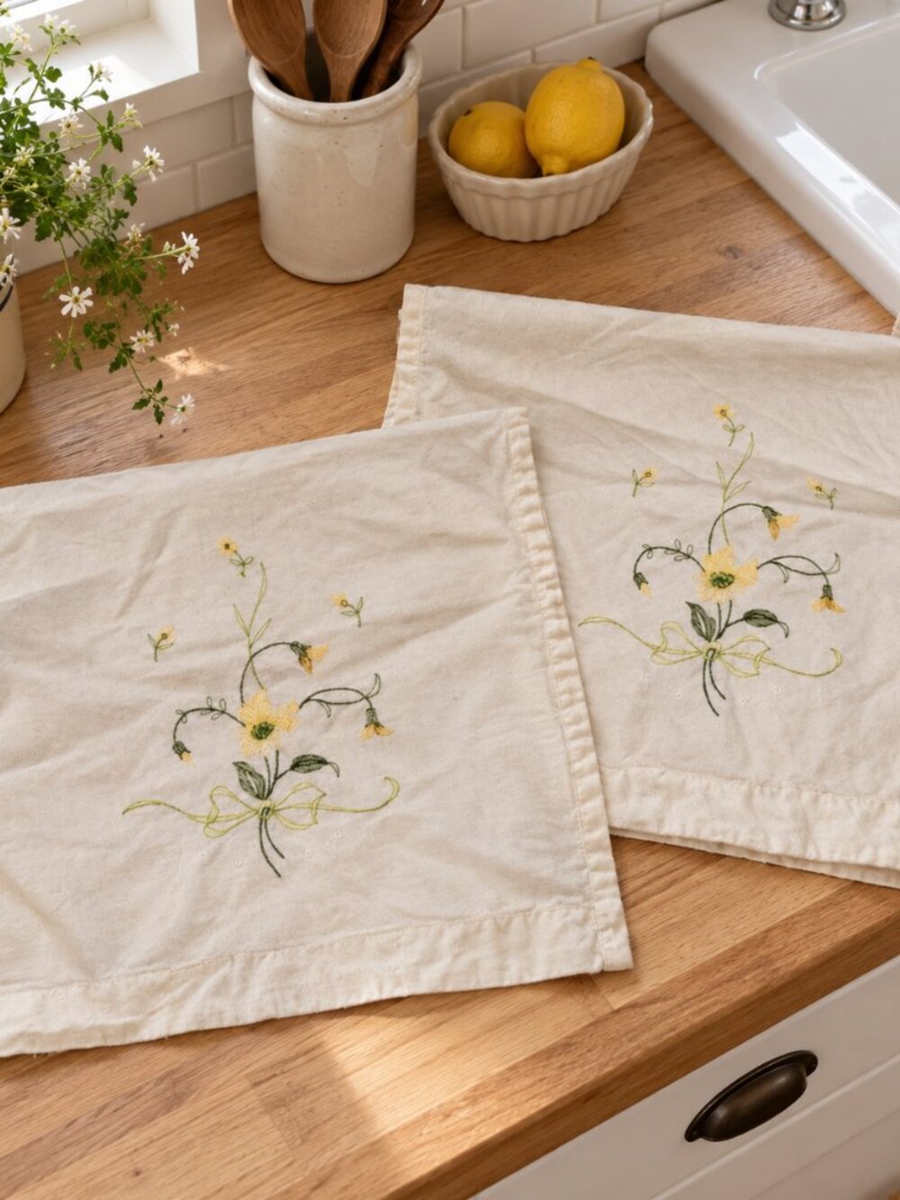 Vintage Pair Cream Yellow Floral Embroidered Tea Towels Cottagecore Linens